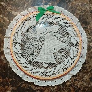 Vintage 1980s Lace Embroidery Hoop Christmas Bells